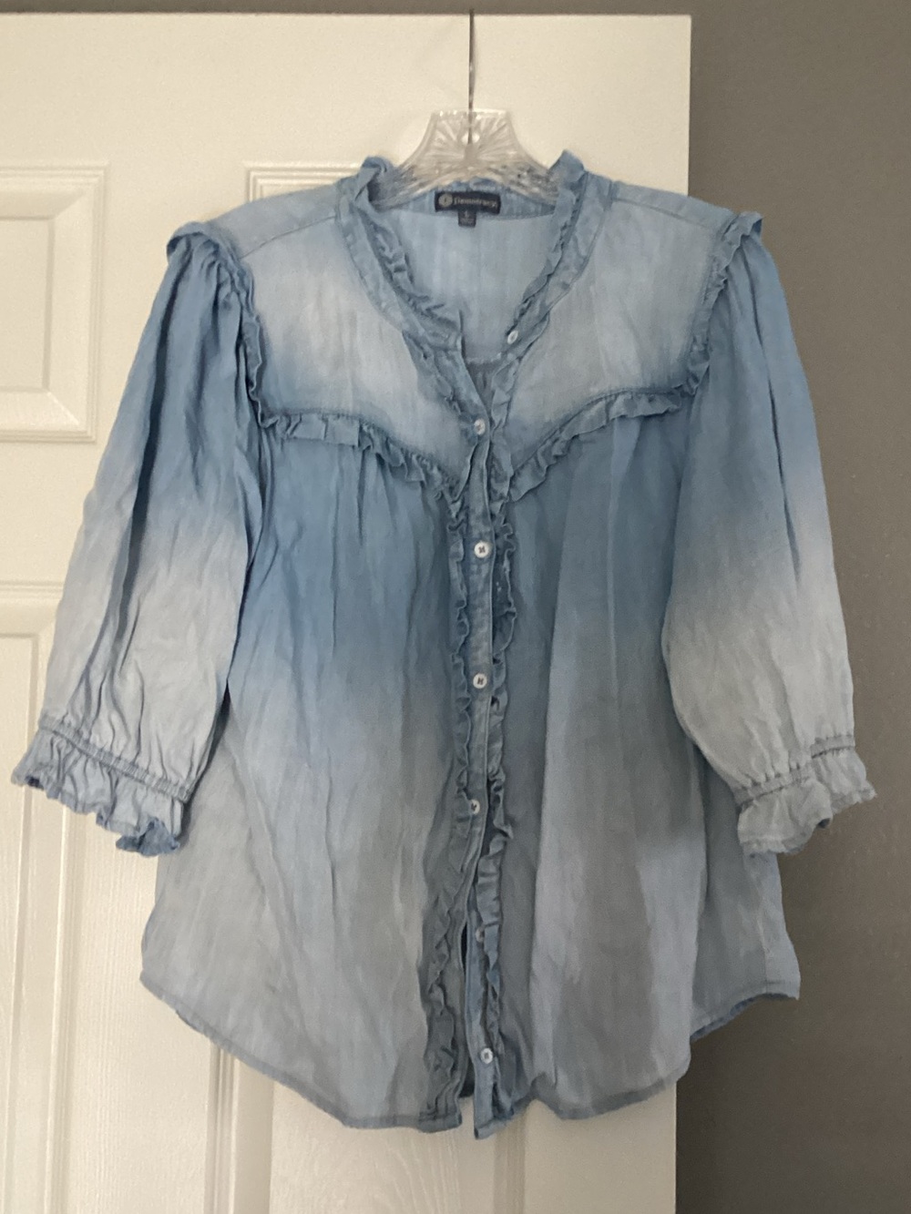 Democracy Washed Light Blue Ruffle-Trim Button-Front Blouse